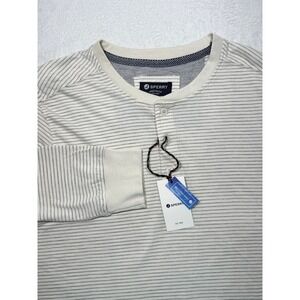 Sperry Mens M Striped Long Sleeve Henley Shirt Cream Grey Soft Jersey